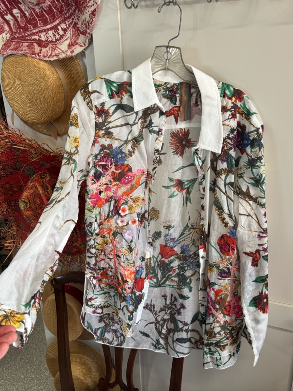 ARATTA Floral Bird Print Sheer Button-Up Blouse - White with Multicolor Floral